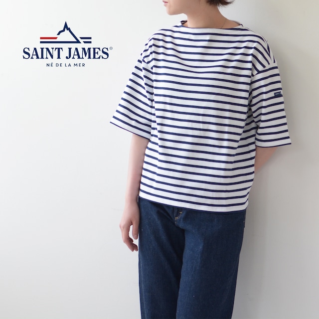 SAINT JAMES [セントジェームス 正規販売店] TEE LOOSE BORDER (NEIGE×MARINE) [20jcbo-nei-ma] 五分袖ドロップショルダー ボーダー(白/ﾈｲﾋﾞｰ)・ボーダーカットソー・コットンカットソー・五分丈カットソー・LADY'S [2023SS]