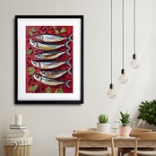 sardines｜可愛いイワシを並べたユニークなコンテンポラリーアートポスター｜キッチンやダイニングを彩る食アートインテリア｜北欧風モダンにも相性抜群A4ポスター