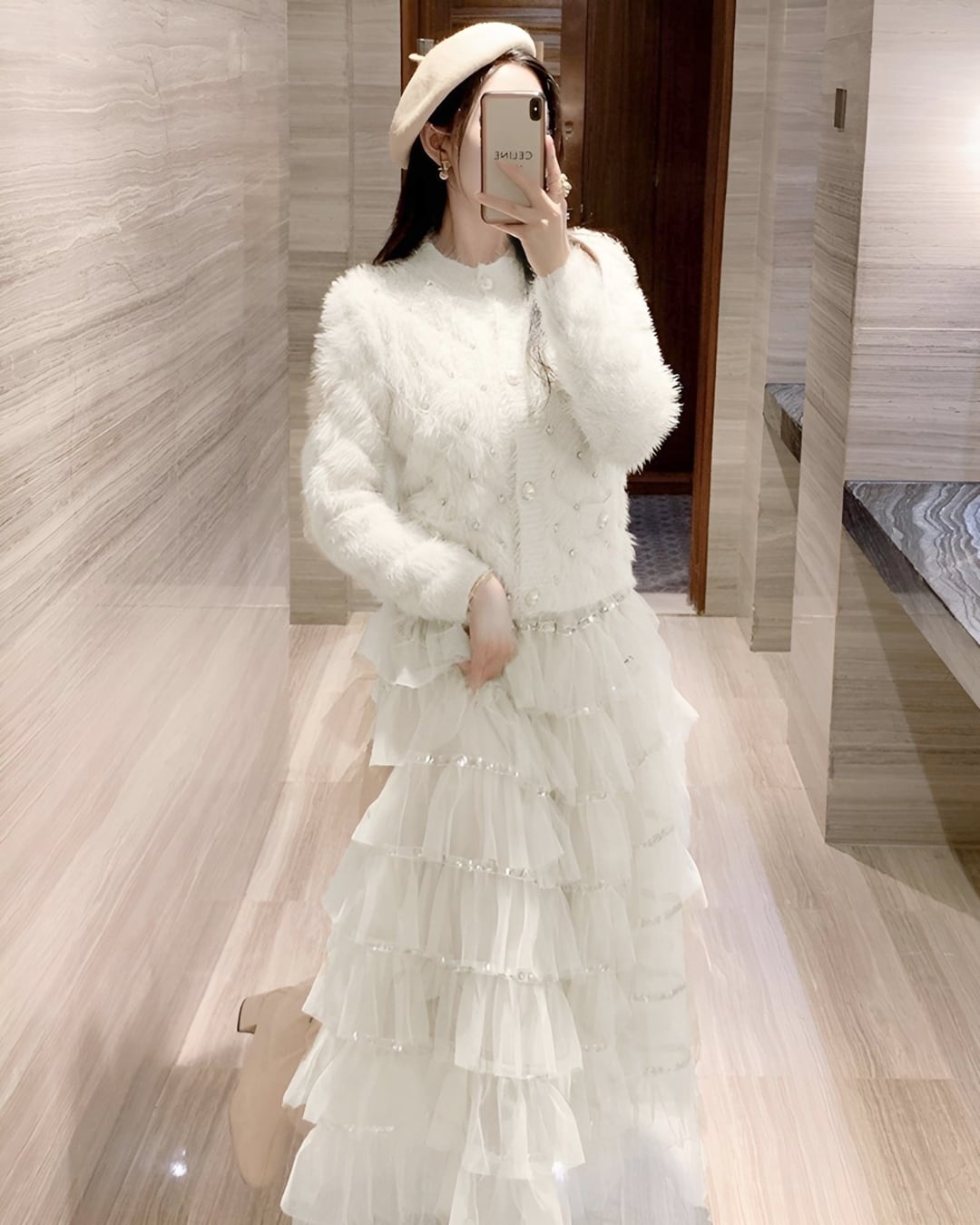 ダイヤビジューニットカーディガン&ティアードスカートセット(2 colors) 24W10005