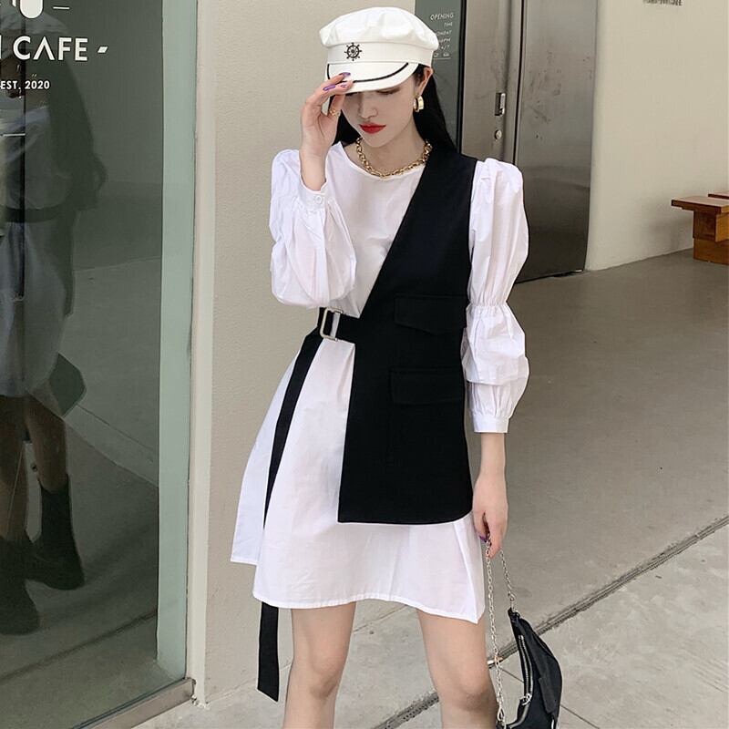 レッドオータムルーズシャツ ドレス ブラック ロング ストリート 秋物 ガールズファッション9872655073