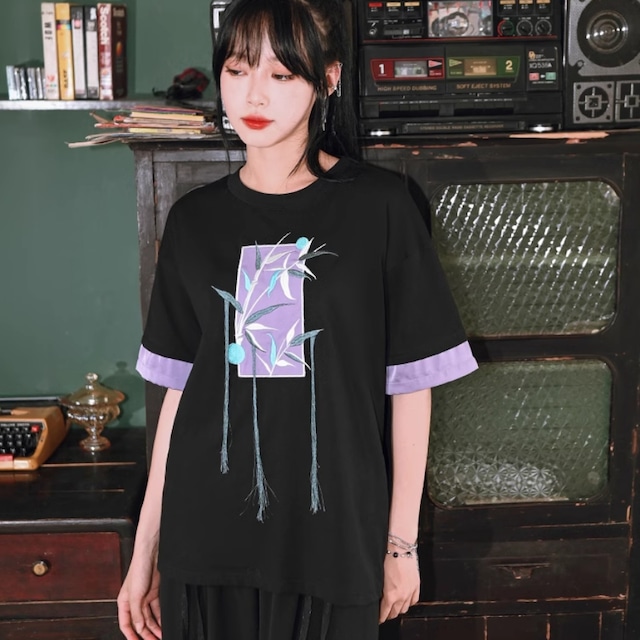 With U ゴスロリ系 ゴシック ロリィタ ブランド 古怪舎 竹意序 チャイナ風 半袖 Tシャツ banboo 刺繍 病み可愛い 原宿ファッション 地雷系 量産型