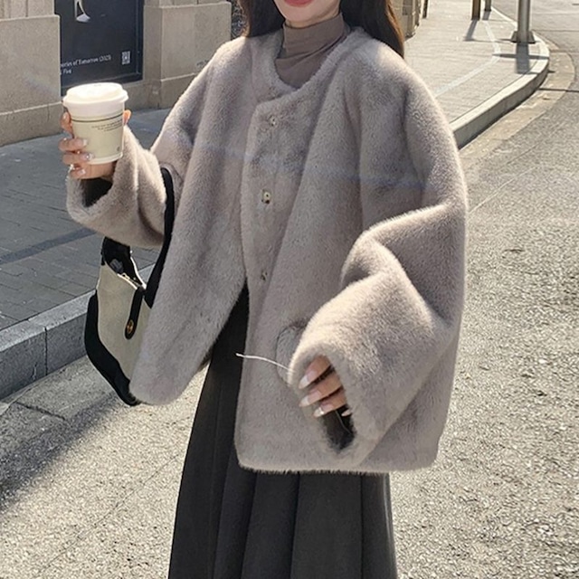 ボタンフェイクファーノーカラーボアジャケット　L1072