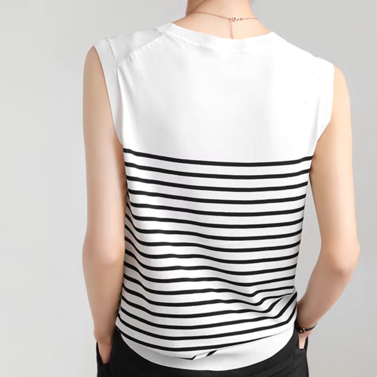 ボーダー柄 クルーネック ノースリーブ ニット 00210・画像5