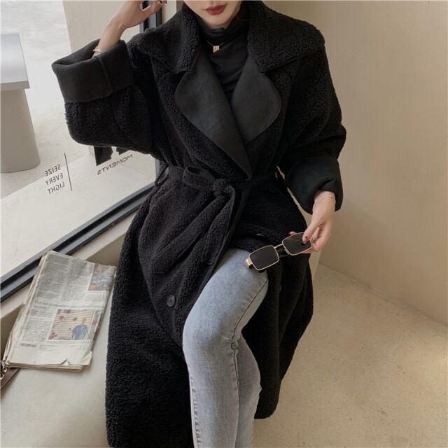 【予約販売】チェスターコート レディース アウター ロング丈 ボア もこもこ こなれブラック オフホワイト こなれ感 通勤 大人可愛い シンプル 防寒 韓国 フリー