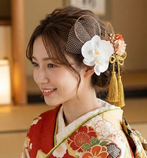 【凛とした胡蝶蘭髪飾り❤︎ジュリアオレンジ】　振袖　成人式　ヘアドレス　ヘアパーツ　プリザーブドフラワー　ドライフラワーフラワー　k-0051