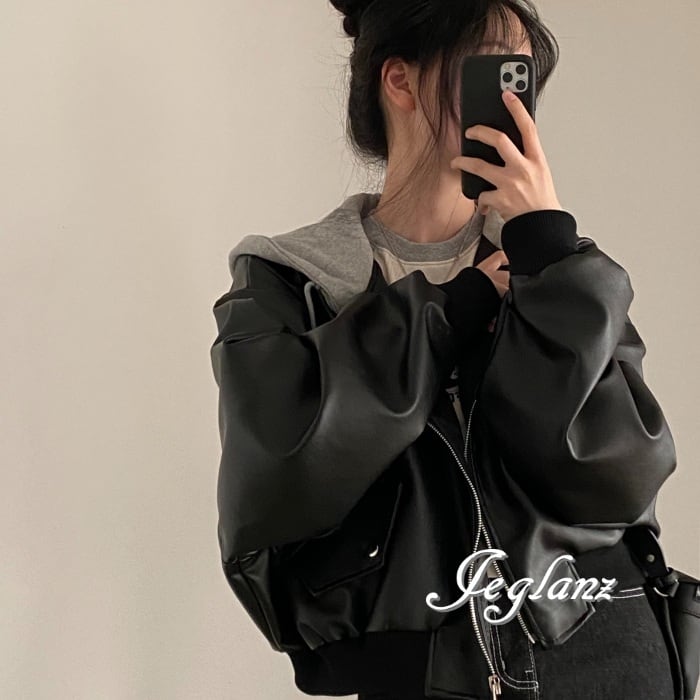 革ジャン レザー ジャケット 異素材 フード付 ライダース ジップ(MB048)τ