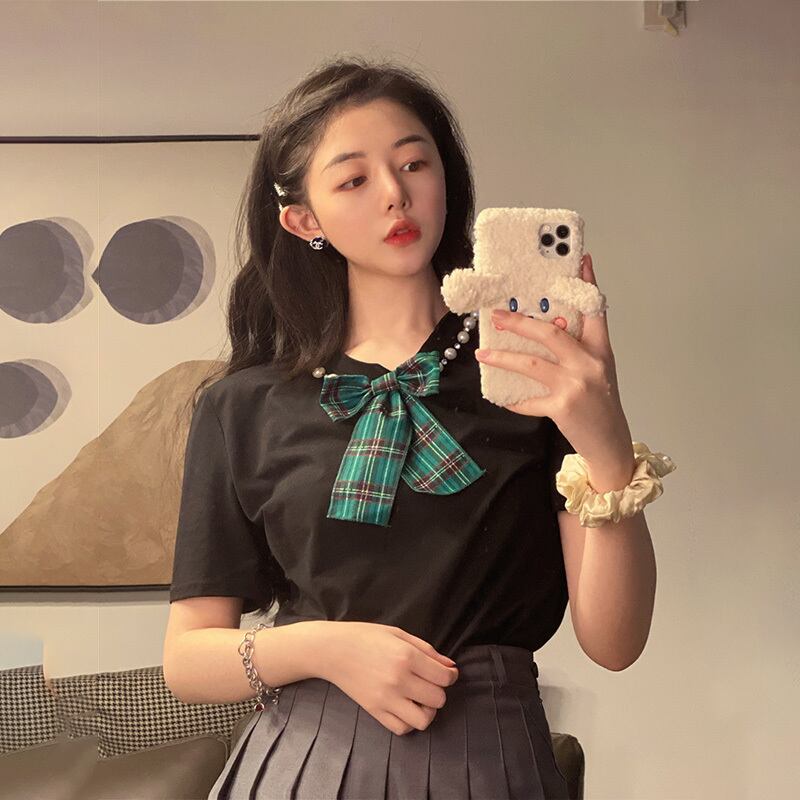 リボンラウンドネックブラックTシャツ サマー薄手トップス 夏物 Oネック 萌量不足35369218327