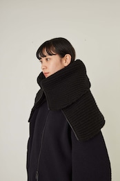 i’m here - Knit Snood(Crepe Wool-like) :Black|サークル状/片畦編み/ダブルジップ/ホーン・トグル/レザーパーツ