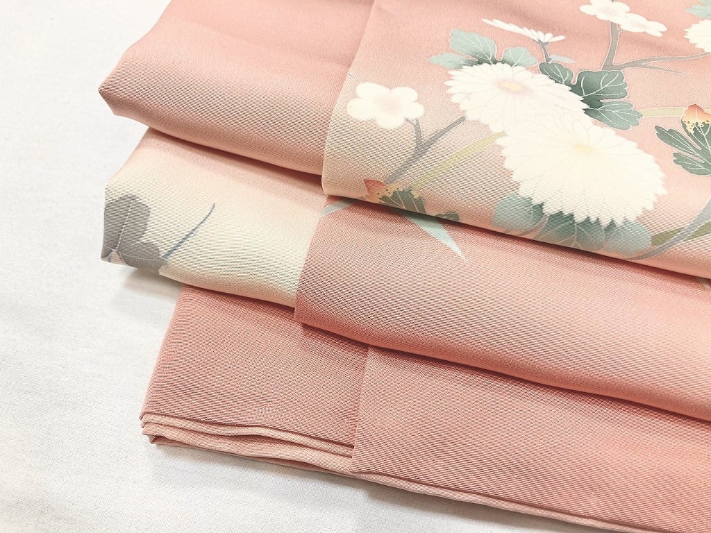手描き友禅 四季の花々 訪問着 袷 正絹 サーモンピンク クリーム 白