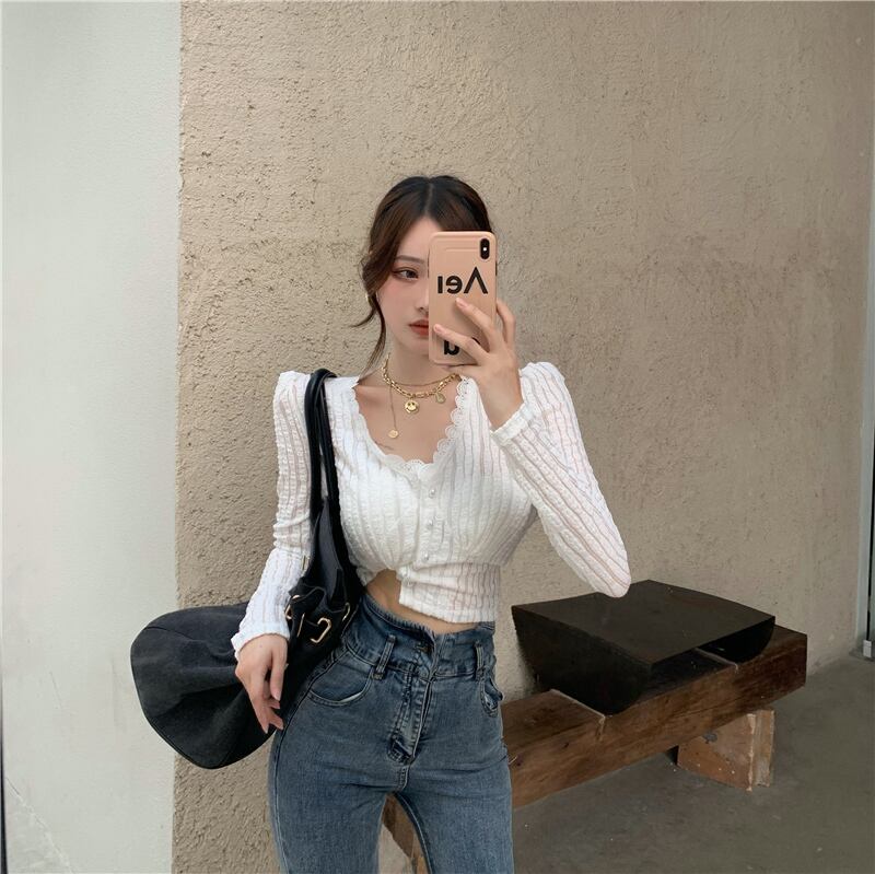 レースシャツ レディーススプリングVネックホワイトショートカーディガン ロング 春物 ブラックストロベリース96944209507