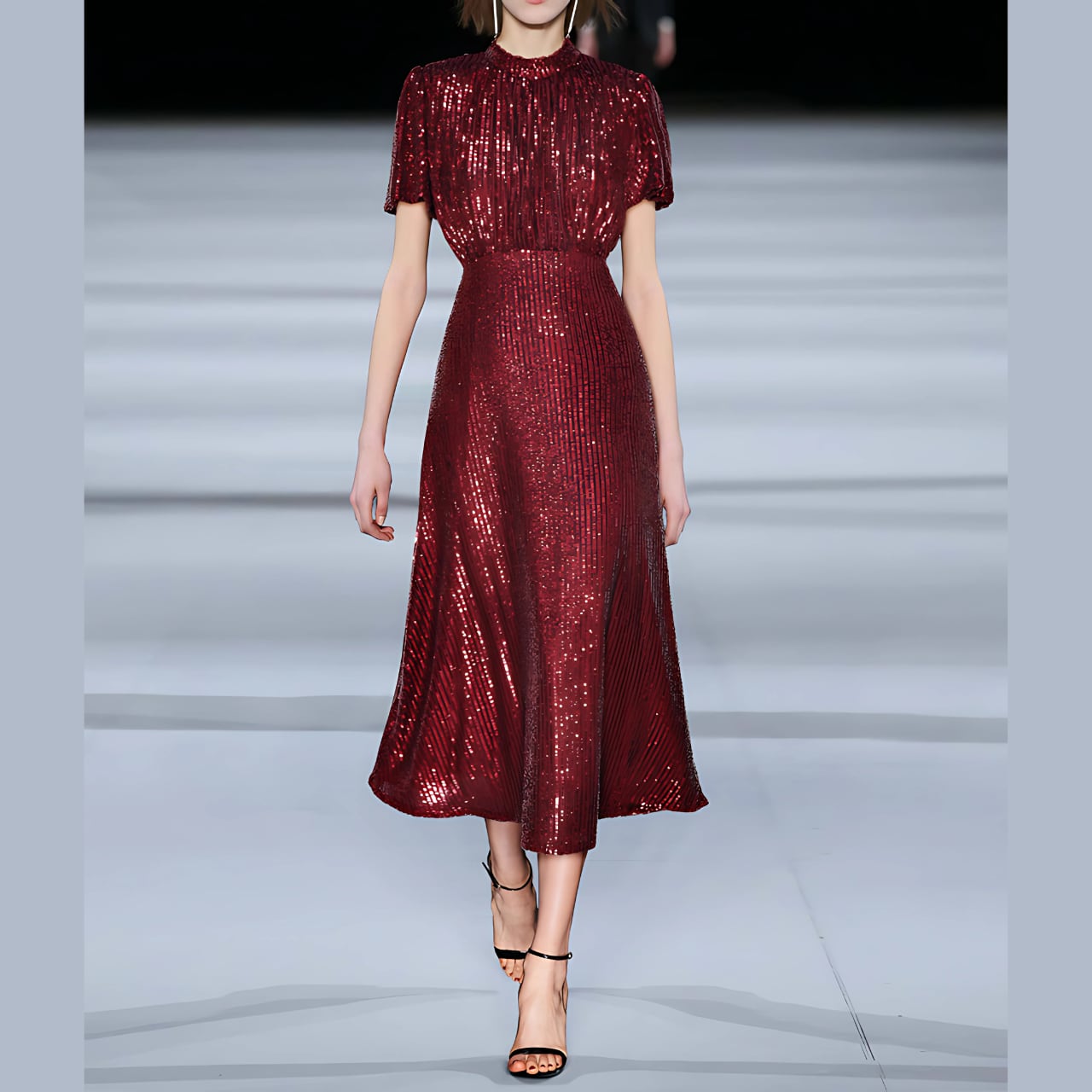 ラウンドネック スパンコールワンピースH 1532