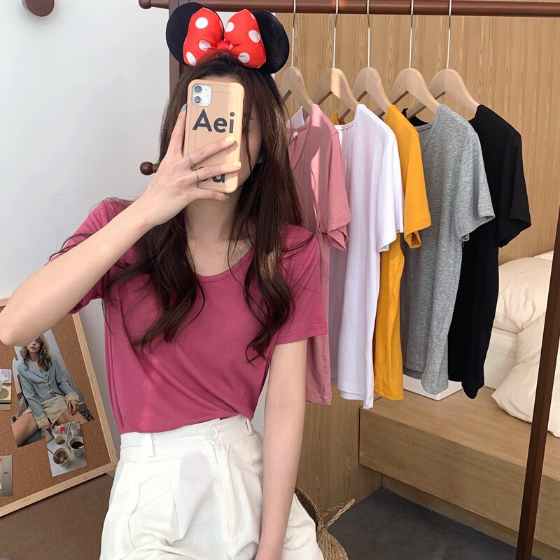 スタイルTシャツ サマーVネックソリッド カラートップス かわいい 夏物 ソリッドカラー スーパーモール92221532