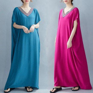 V-NECK RELAXED LOOSE LONG CAFTAN DRESS M-17407