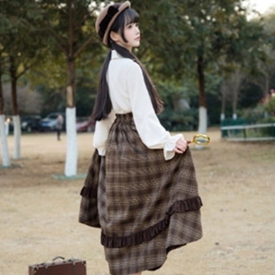 ブラウンチェック柄 フレアスカート ロリィタ クラロリ ブラウンチェック柄 フリル付きロングフレアスカート