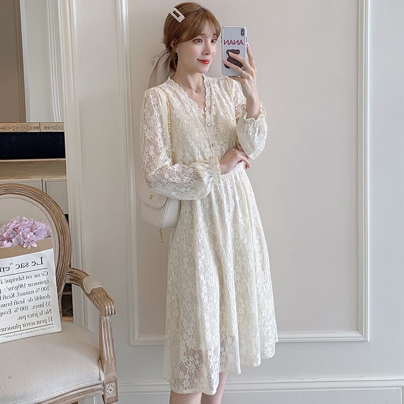 【新作】【送料無料】 マタニティウェア2020秋と冬の新しいレースVネック年齢削減ドレス、トレンディな母親ミドル丈の小さな新鮮なマタニティドレス-アリババ オータム 秋物 ウィンター 冬物 expec243279731658
