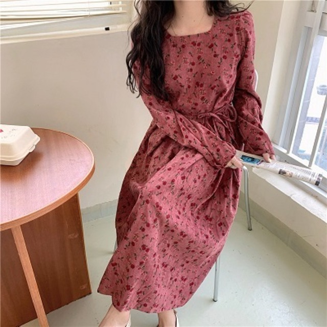 ワンピース ドレス 長袖 秋冬 秋 冬 スクエアカラー ピンク ハイウエスト レトロ フラワー 花柄 コーデュロイ リボン ウエストマーク プチプラレディースファッション通販 Yboueki ワンピース ドレス 長袖 秋冬 秋 冬 スクエアカラー ピンク ハイウエスト レトロ フラワー 花柄 コーデュロイ リボン ウエストマーク プチプラレディースファッション通販 Yboueki