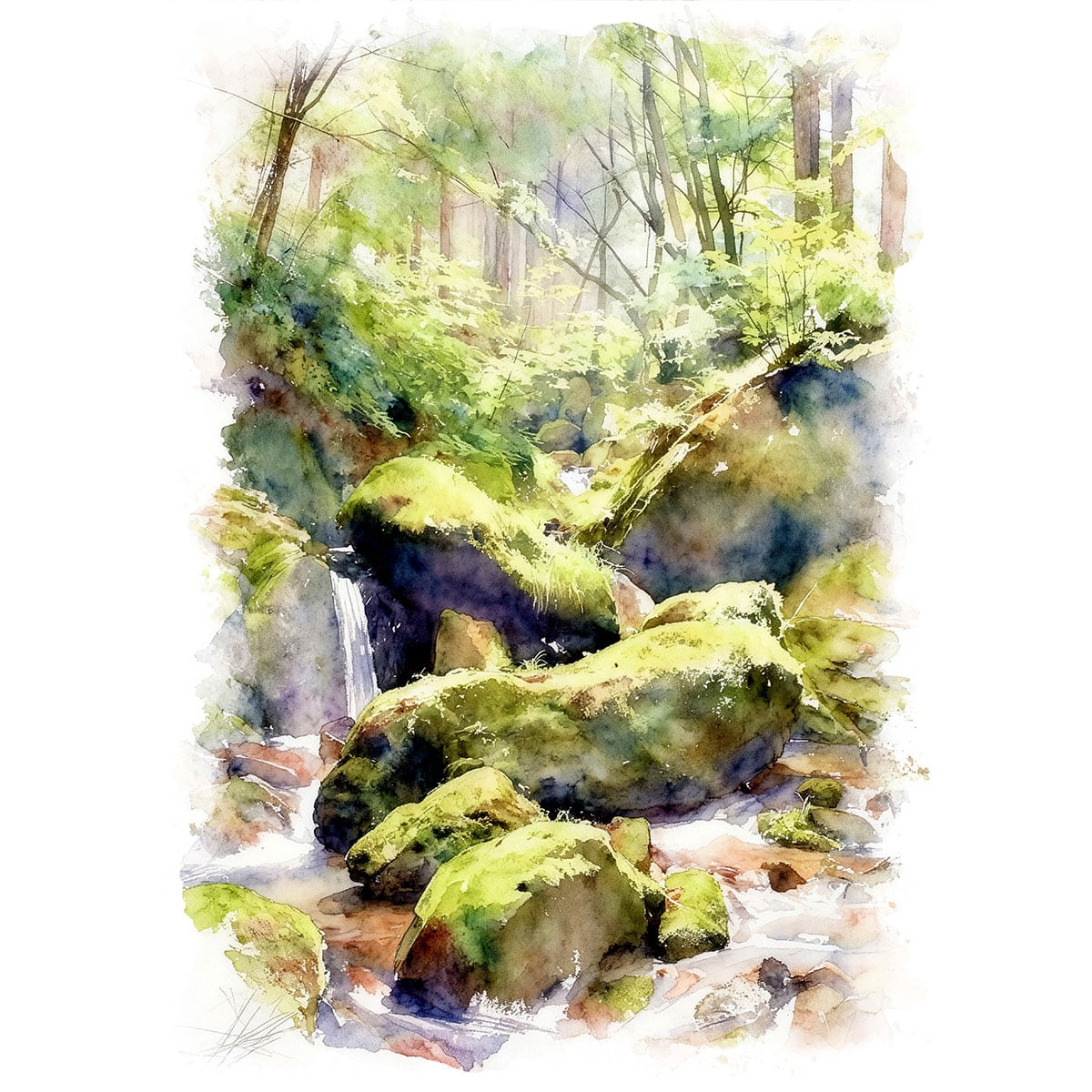 絵画(風景画) 日本 東京都 奥多摩の川 インテリアアート額付き 水彩画