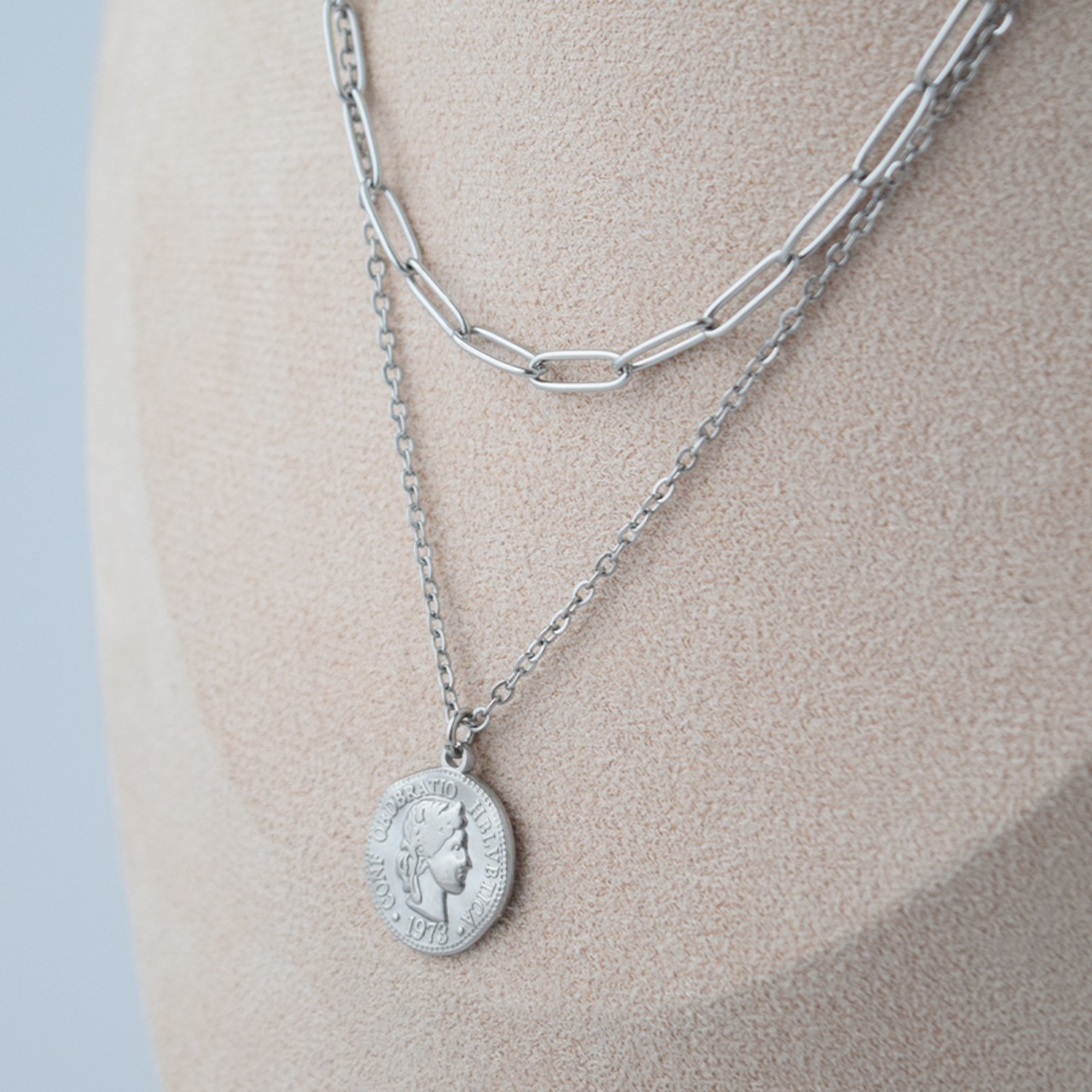 ステンレスラフコインダブルネックレスSV