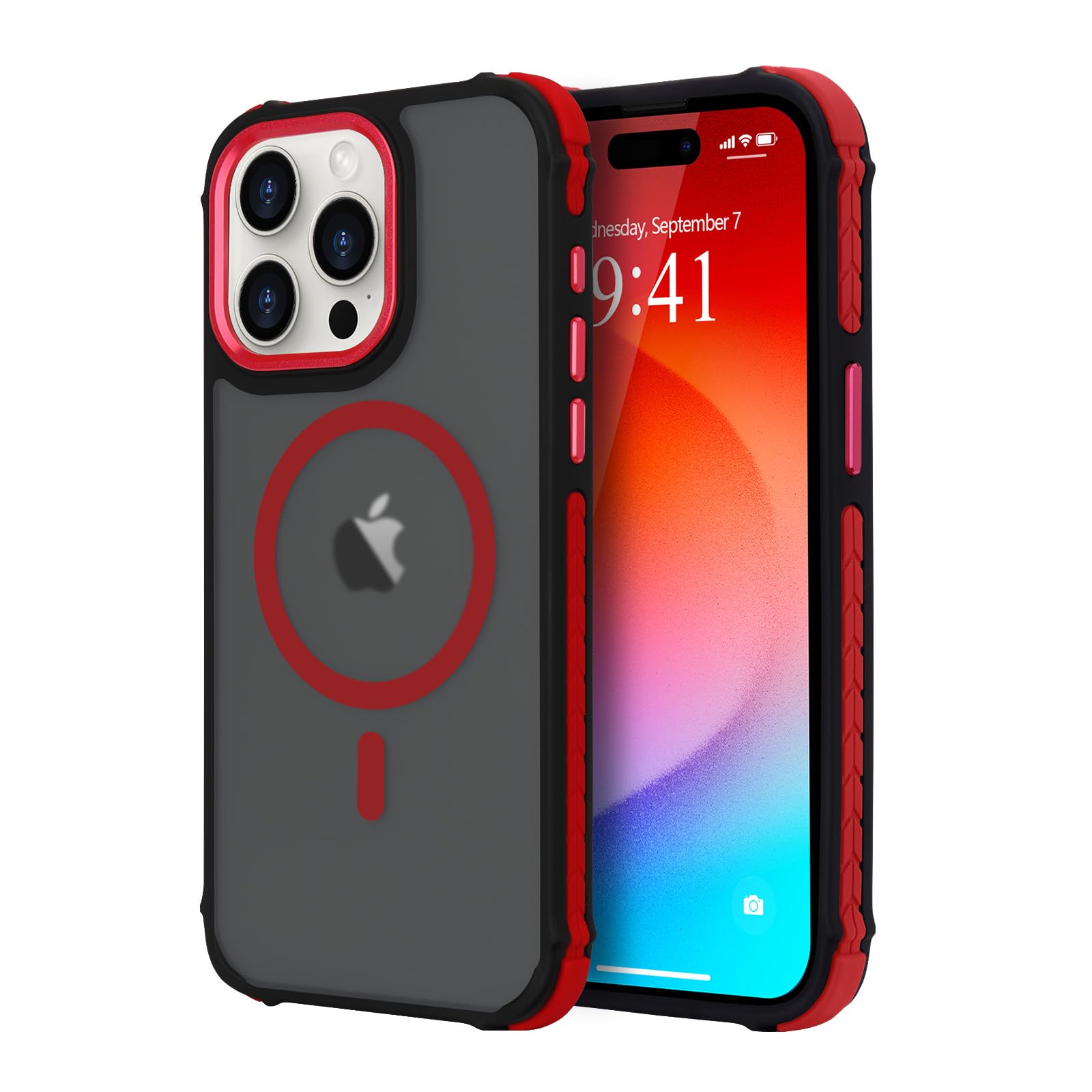 Lafunda iPhone 15 Pro 用 ケース MagSafe対応 半透明 マット加工 耐衝撃 滑り止め 四隅保護 米軍MIL規格【レッド】
