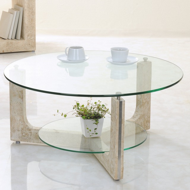 コーヒーテーブル・リビングテーブル　 MS-1｜ガラス天板 ガラス棚板 φ800 天然石