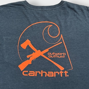 【Carhartt】2XL ビッグシルエット ワンポイント バックプリント ビッグロゴ ポケットTシャツ ポケT カーハート ダークグレー 半袖 夏物 US古着