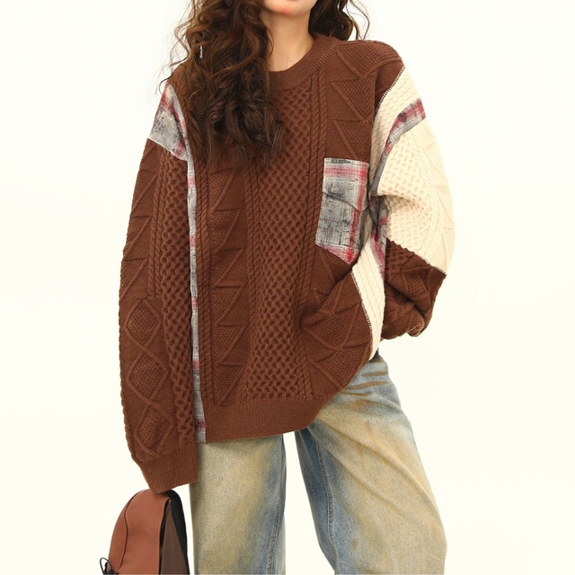 パッチワークケーブルミックススニット 2col   R01297