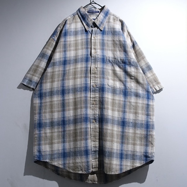 "VAN HEUSEN" Blue Linen & Cotton Plaid Short Sleeve Shirt