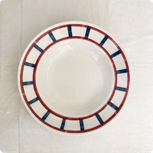 【フランス直輸入】ボルドー×ブルーカラー 人気の バドンヴィレー バスク柄 アンティーク スープ皿