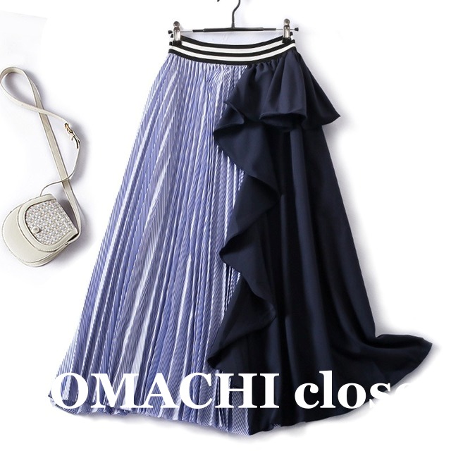 【送料無料】 プリーツスカート 膝下 Aライン アシンメトリー 韓国 レディース  オルチャン かわいい 可愛い  キュート 大人可愛い 大人女子 透け感 ルーズ  シンプル きれいめ 切り替えデザイン シフォン フリル カジュアル 大人 ミディアム丈 おしゃれ お洒落 セクシー こなれ感 二次会 上品 大人女子 春夏 フェミニン ネイビー フリーサイズ  オルチャン 10代 20代 30代  女子会 デート お泊まり 旅行  コーデ トレンド 美脚 脚長 スタイル ストライプ