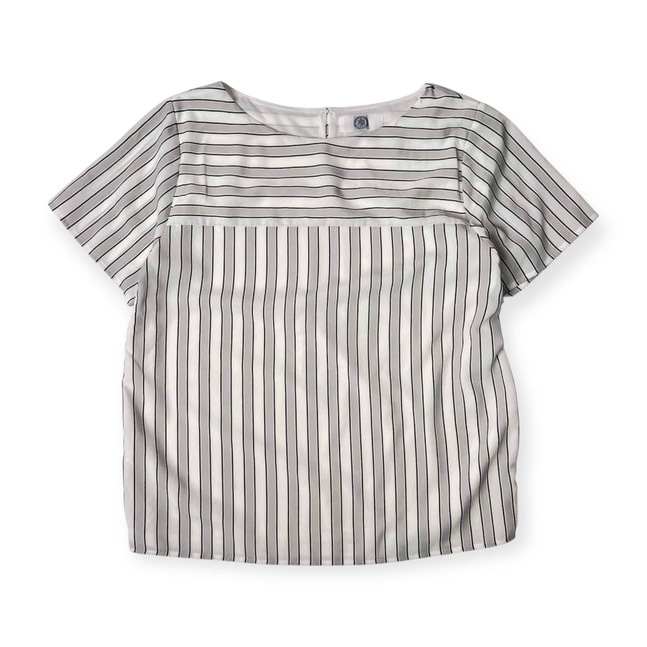 J.PRESS ジェイプレス ストライプ 半袖シャツ ブラウス L/グレー×ホワイト系 レディース