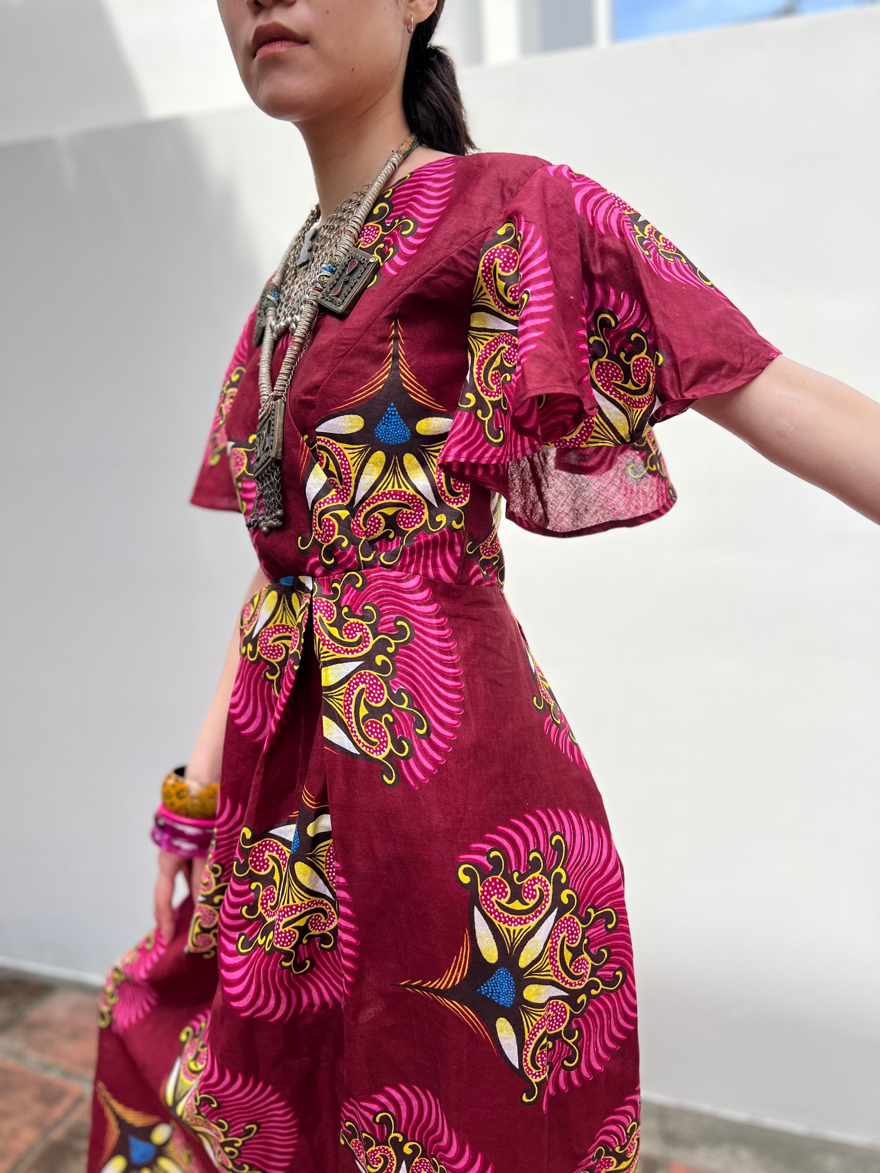 ビンテージ 70s アフリカン ドレス バティック ブラウス ピンク 希少 美品 Vintage africanbatik wine red dress ( ヴィンテージ アフリカン