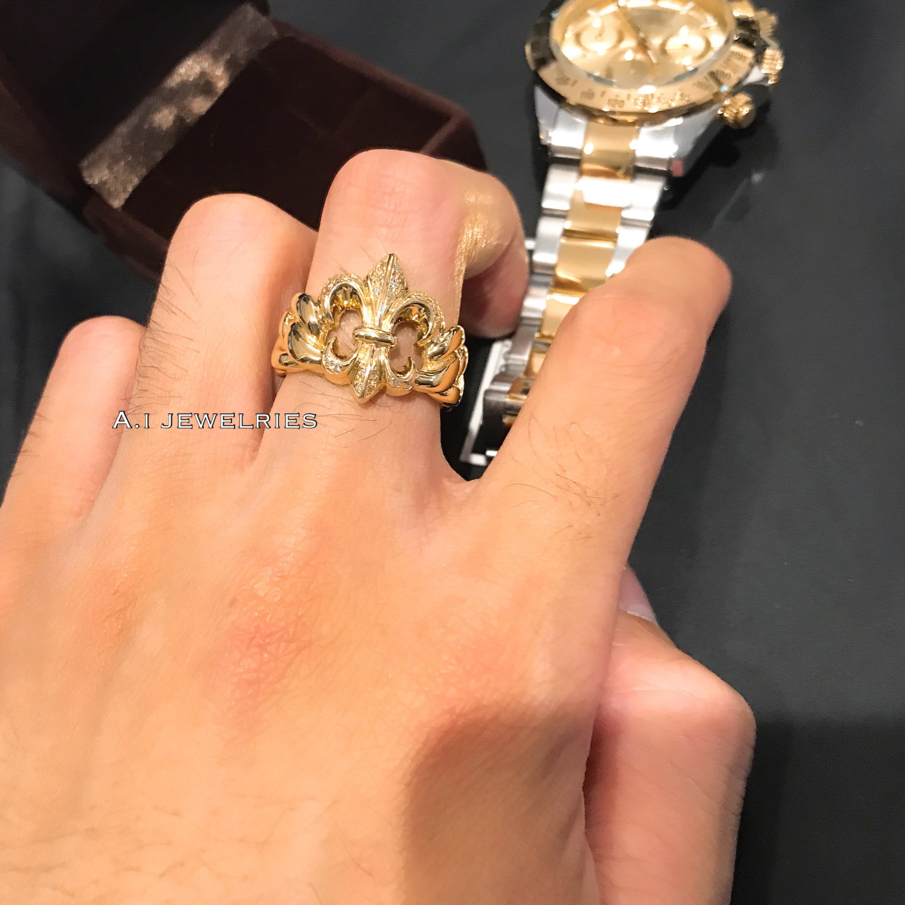 リング 18金 ダイヤ K18 百合 紋章 リング 天然 ダイヤモンド付き メンズ K18 Diamond Ring For Men S A I Jewelries エイアイジュエリーズ