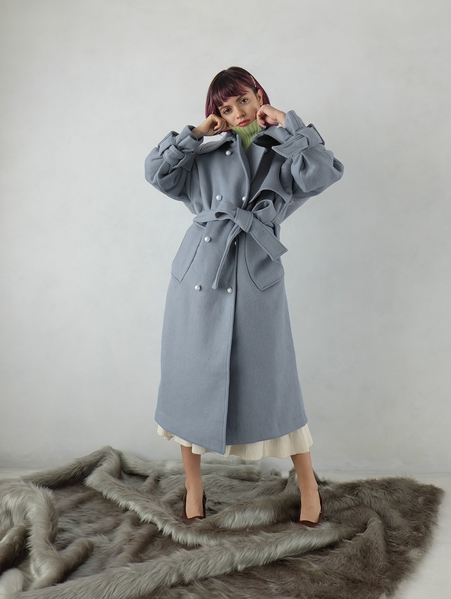 back fastener wool trench(blue gray)