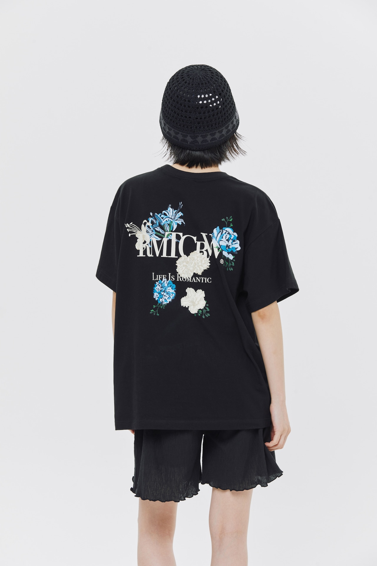 BACK POINT BLUE FLOWER TEE SHIRT_BLACK