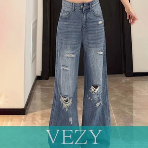ダメージデニムパンツ ワイドレッグデニム ハイウエスト ロングパンツ ウォッシュ加工 ストレートパンツ 着やせ 韓国風ジーパン ゆったり ボトムス脚長 ボトムス VEZY ベジー ItemNo.【23307911】