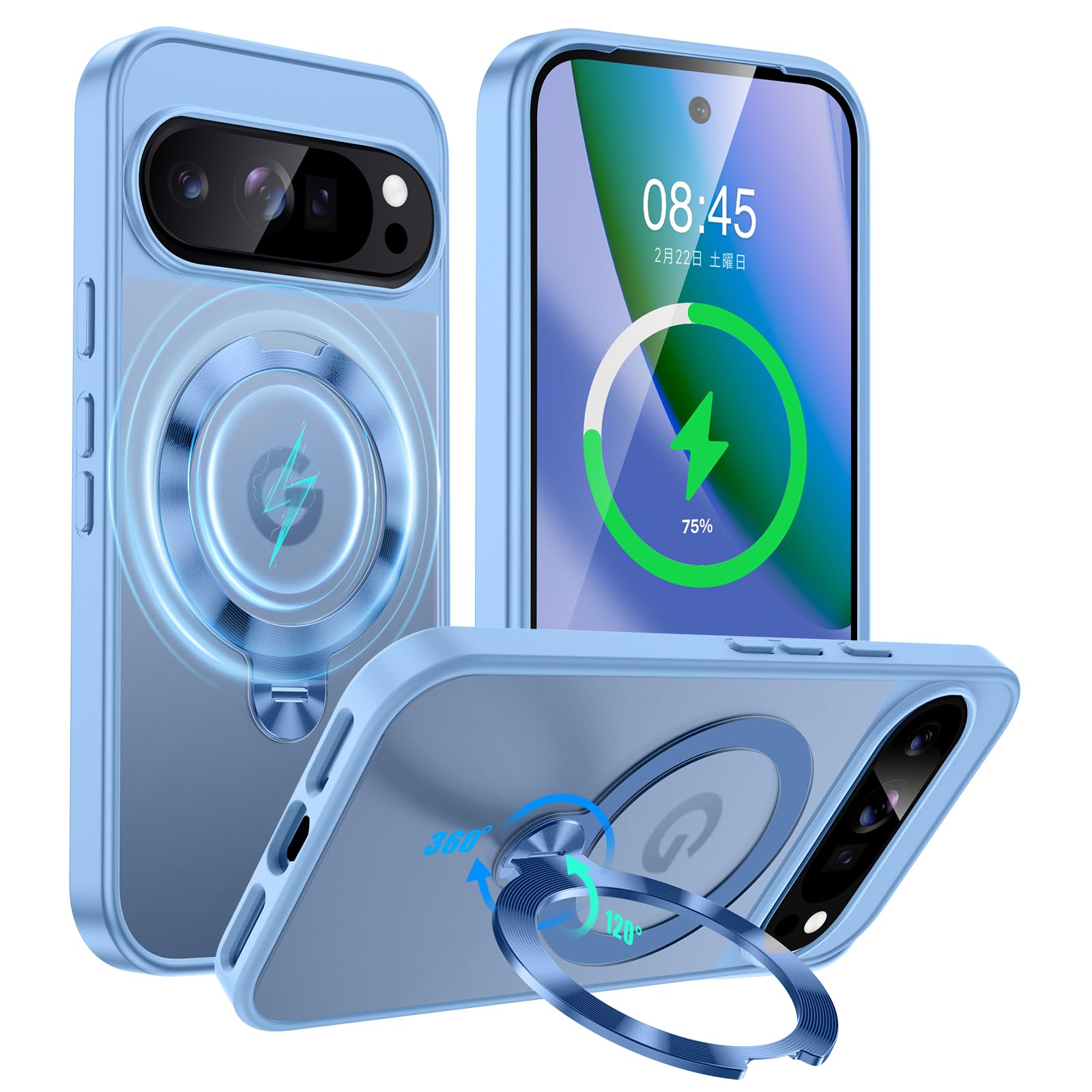 Google Pixel 9 Pro XL ケース MagSafe対応 半透明 360°回転磁気スタンド ワイヤレス充電対応 ピクセル 9 Pro XL カバー 縦横両対応 耐衝撃保護 肌触り良 収納式折りたたみスタンド 米軍MIL規格全面保護 黄变防止