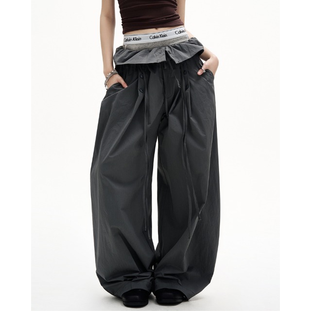 waist ruffle gray wide leg pants　ウエストフリルグレーワイドレッグパンツ　J1361