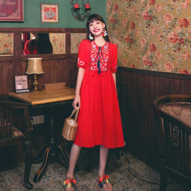 ショートスカート スタンダード刺繍ウェストドレス レトロ レース レースアップ 延命家ファッション96777368663