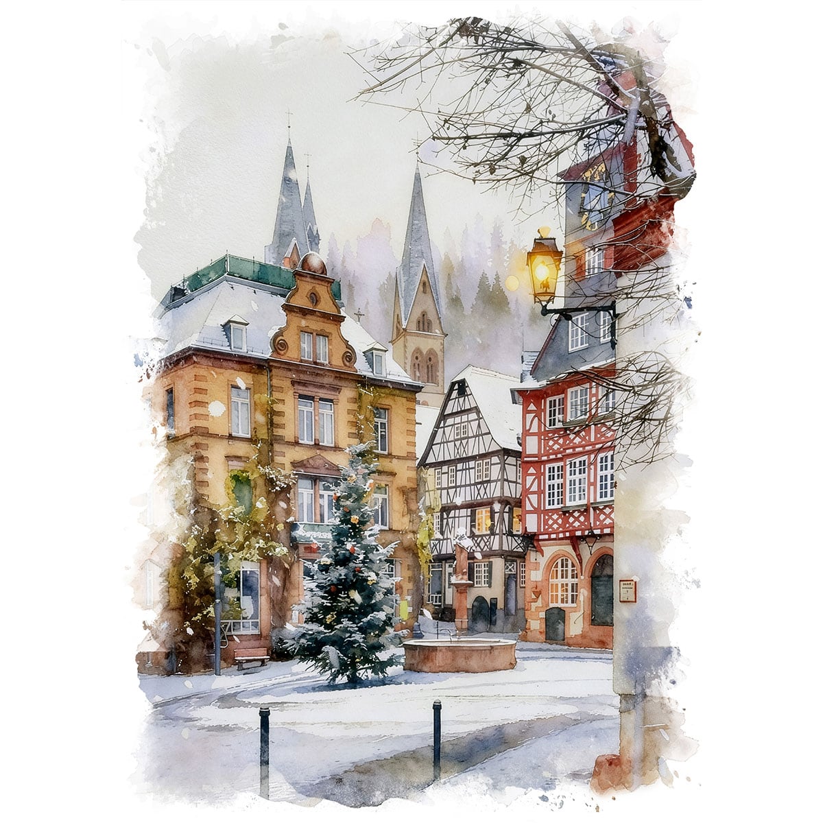 絵画 風景画(街並み) 冬のドイツ 雪が積もるヘッペンハイム歴史旧市街