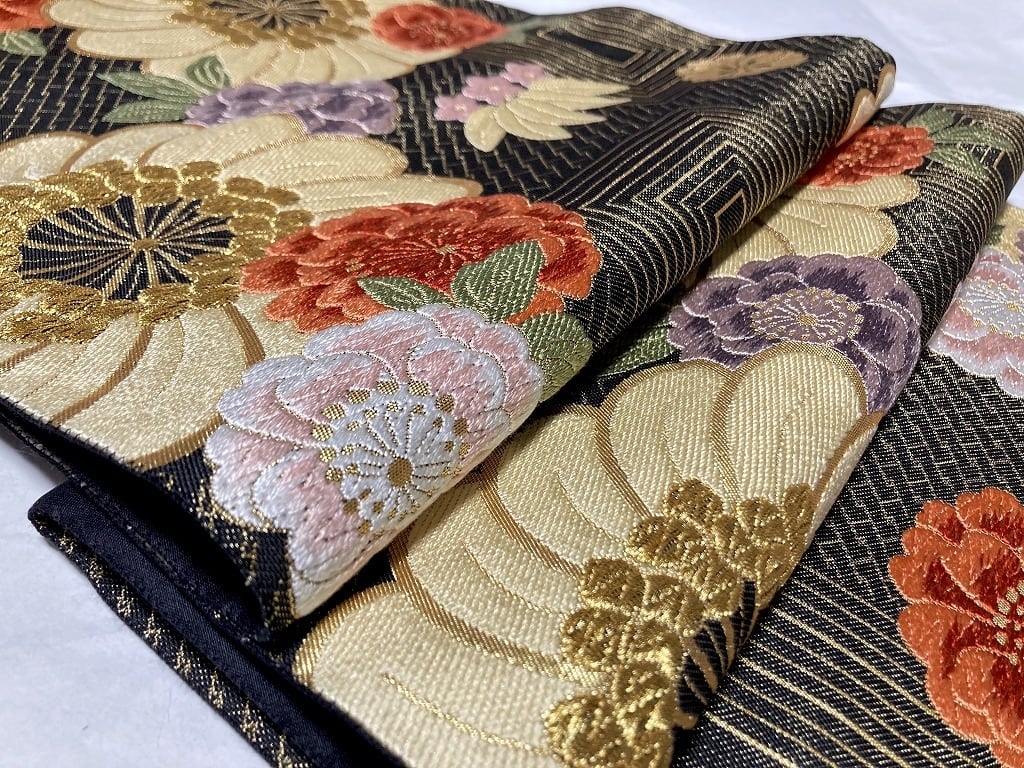 気質アップ 【☆2446】着物 袋帯 六通 唐花 金糸 刺繍 緑×紫×シルバー