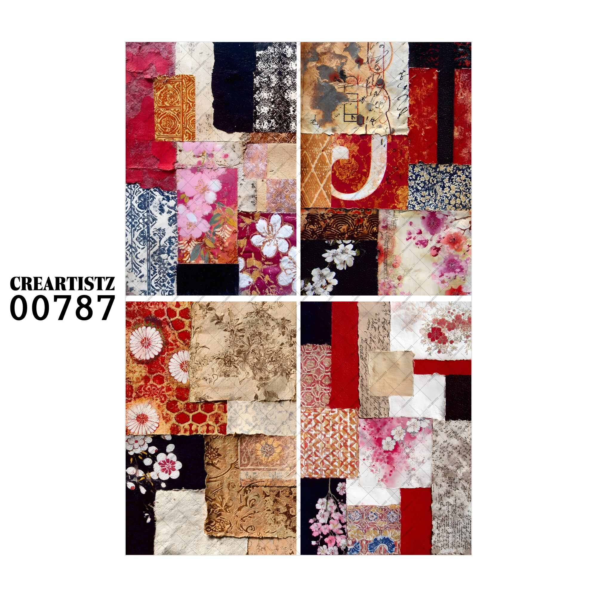 00787 背景 コラージュ素材 オリジナル 12枚セット (4種類×3枚) ペーパー/ステッカー CREARTISTZ