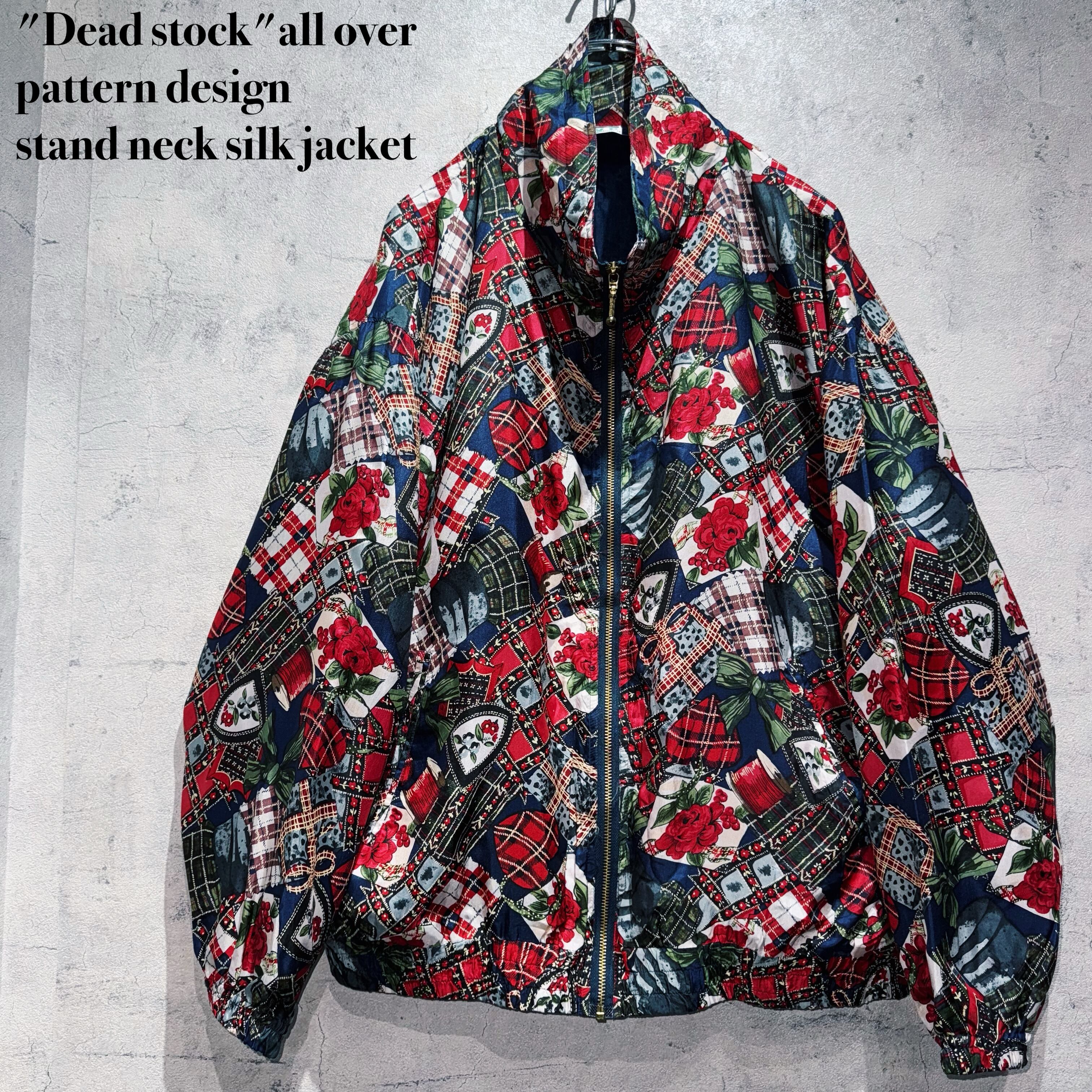 "Dead stock"all over pattern design stand neck silk jacket