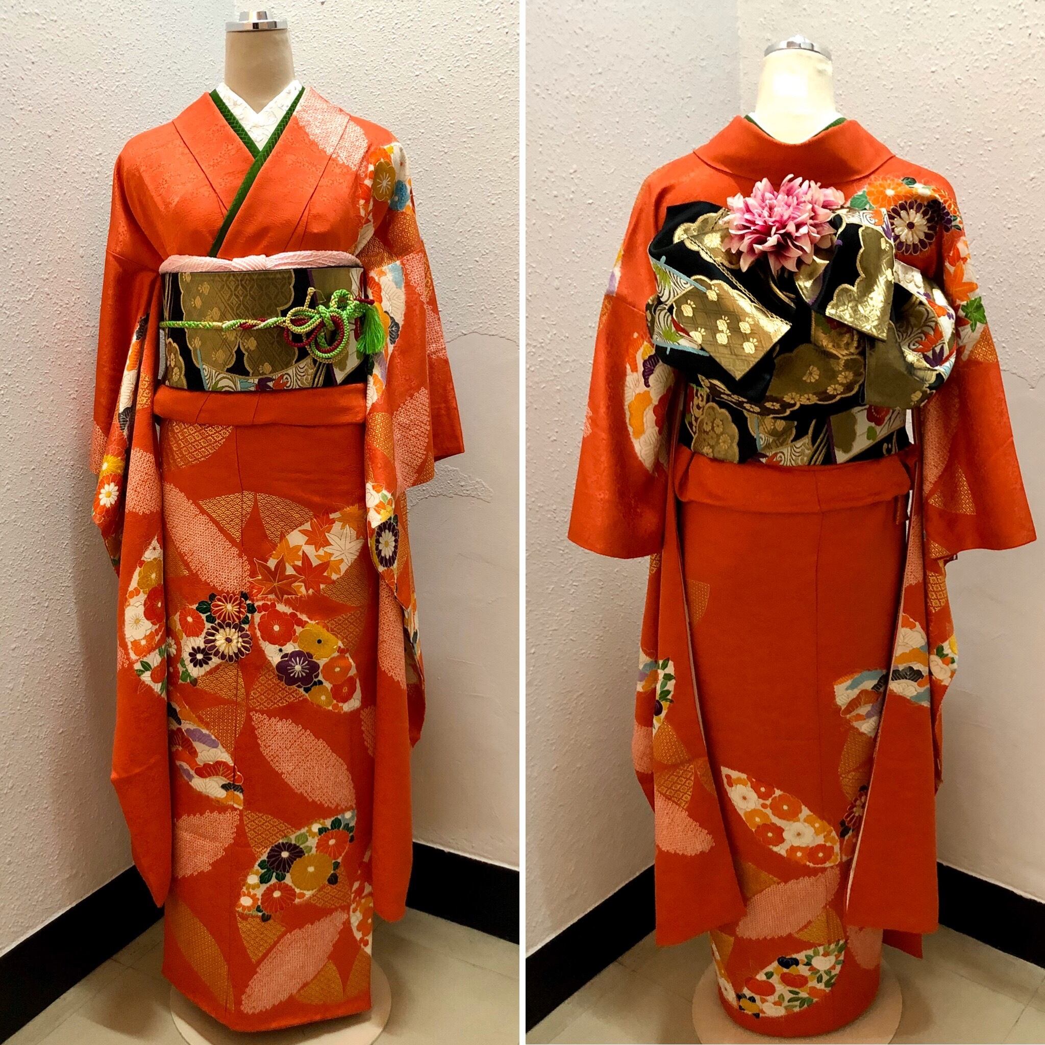 振袖レンタル フルセット 橙地疋田桜菊花七宝文 Sサイズ 005 | きもの 