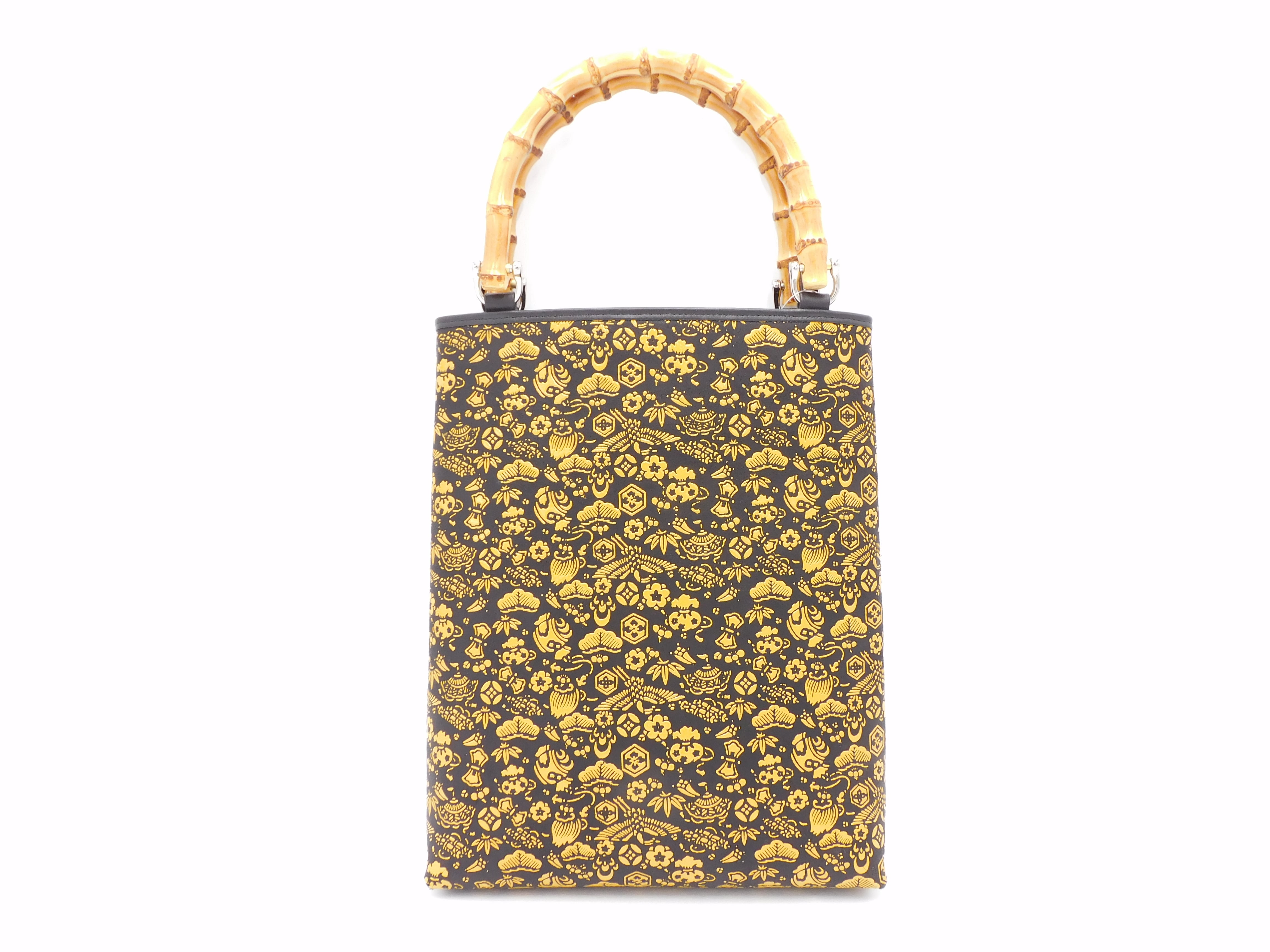 バンブー手提げ(大)黒/黄 宝尽くし柄