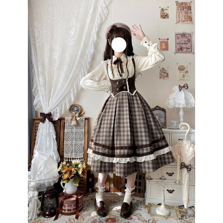 気品漂うブラウンチェック｜コルセット風ウエストと裾レースで理想の