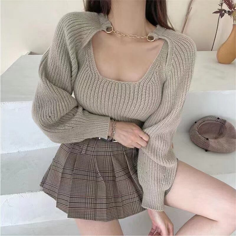 【新作】【送料無料】 秋と冬の純粋な欲望ボトミングキャミソールニッチアウターウェアショートランタンスリーブ長袖ニットツーピーストップ女性用 0382046529697