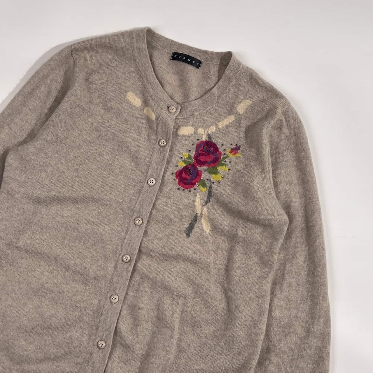 カシミヤ100% SOAGE ソアージュ ビーズ バラ柄 ニット カーディガン M-L/グレー レディース
