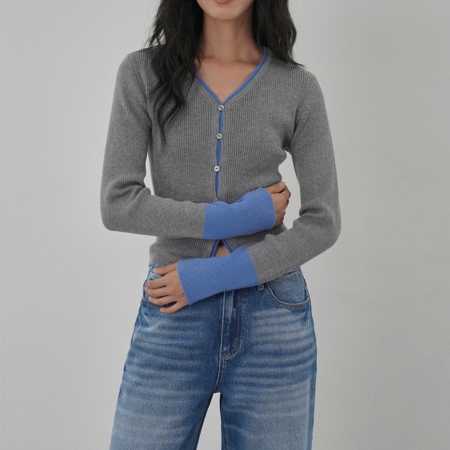 color block v-neck knit cardigan J00095