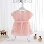 デザインレースの春夏フレンチスリーブワンピ【ピンク)