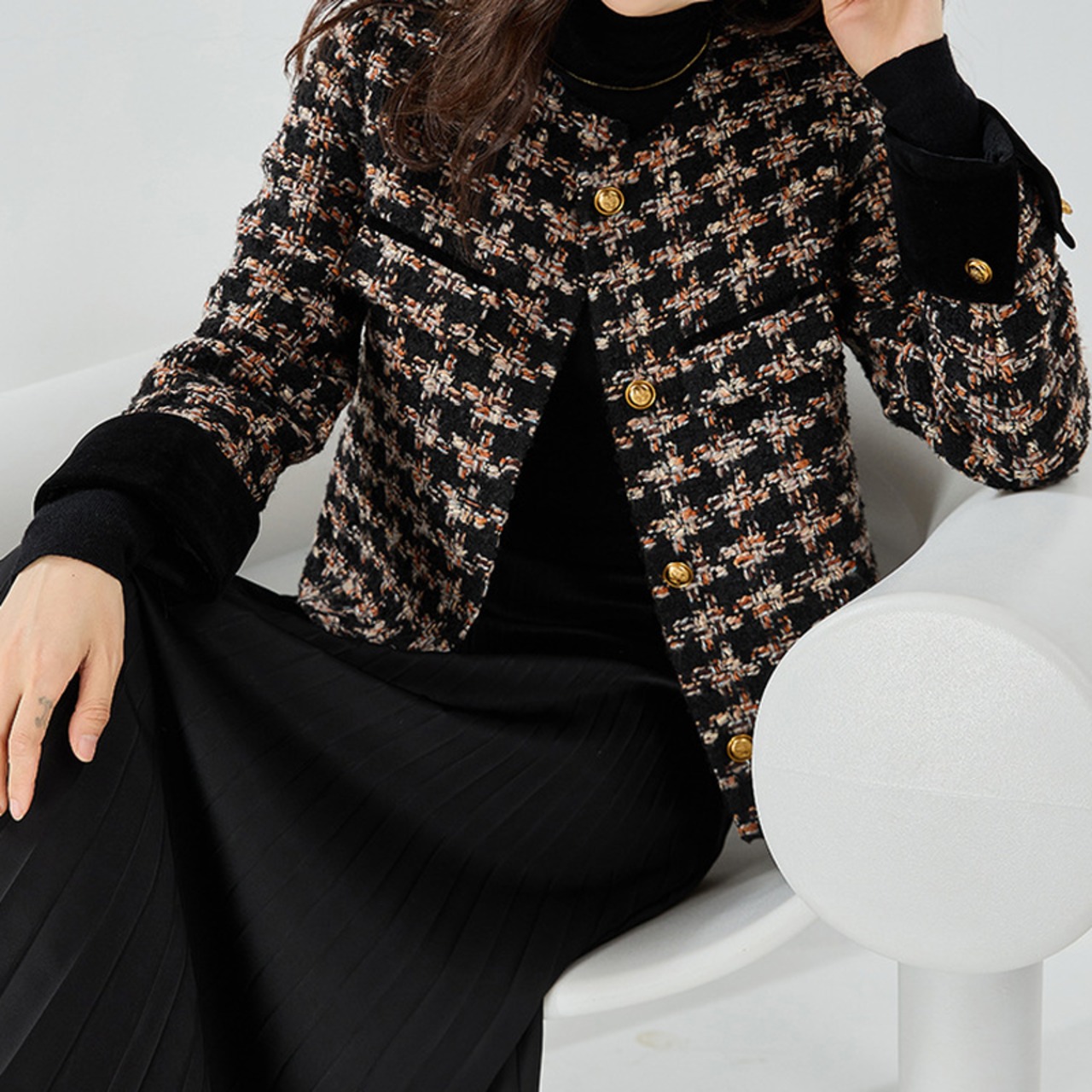 ハイネックツイードクロップドジャケット W01112